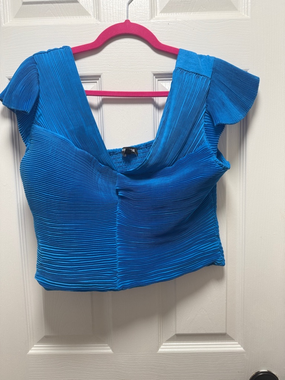 Express Bright Blue Pleated Square-Neck Crop Top